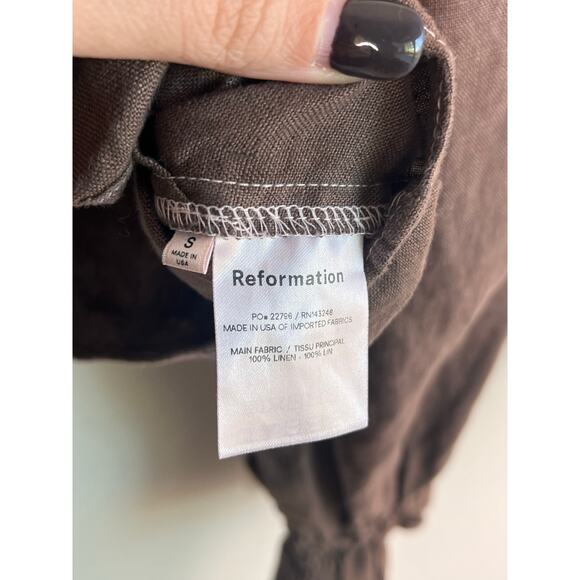 Reformation 100% Linen Puff Sleeve Tie Front Crop Blouse Brown Women's Size S - Picture 7 of 7
